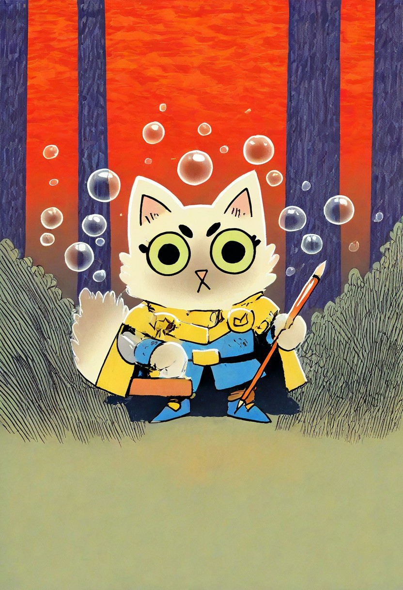 cat warrior knight, trapped in bubbles, forest background, cute shoes, root style, illustration style, pencil, thousand bubbles