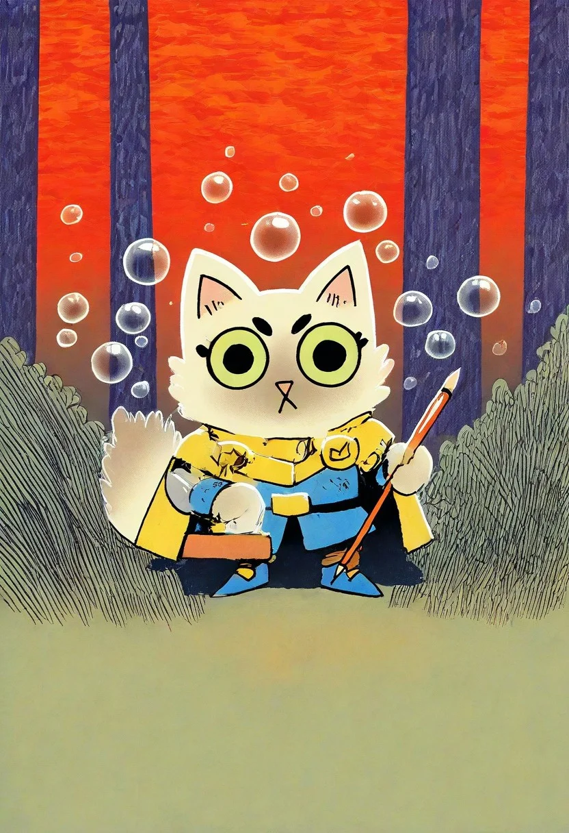 cat warrior knight, trapped in bubbles, forest background, cute shoes, root style, illustration style, pencil, thousand bubbles