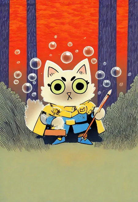 cat warrior knight, trapped in bubbles, forest background, cute shoes, root style, illustration style, pencil, thousand bubbles