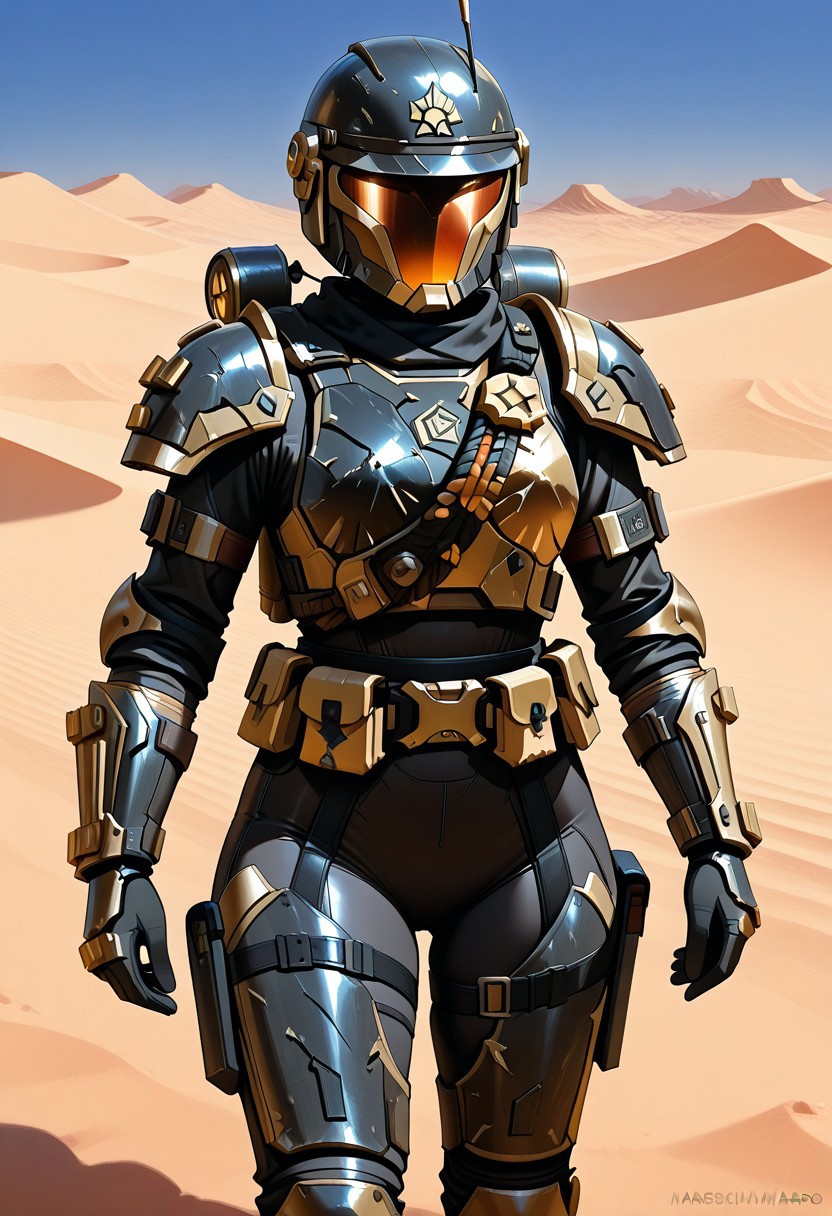 mando_armor,1girl,solo,scout armor,gauntlets,outside,desert,bodysuit,scout helmet,shoulder armor,leg armor,