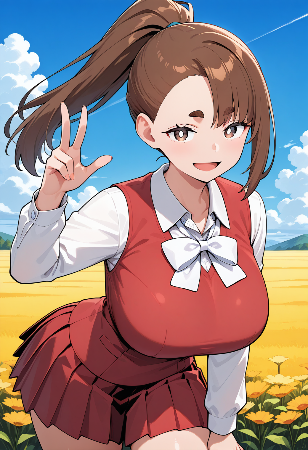 ogawa_sumireko, white pupils, brown eyes, brown hair, ponytail, asymmetrical bangs, thick eyebrow, school uniform, white bow, red vest, long sleeves, pleated skirt, red skirt, <lora:ogawa_sumireko_illustrious_ver1:0.8>
smile, huge breasts, 1girl, solo, (field:1.2), (blue sky:1.2), looking at viewer,, masterpiece, best quality, general,, (cowboy shot, dynamic pose:1.4),