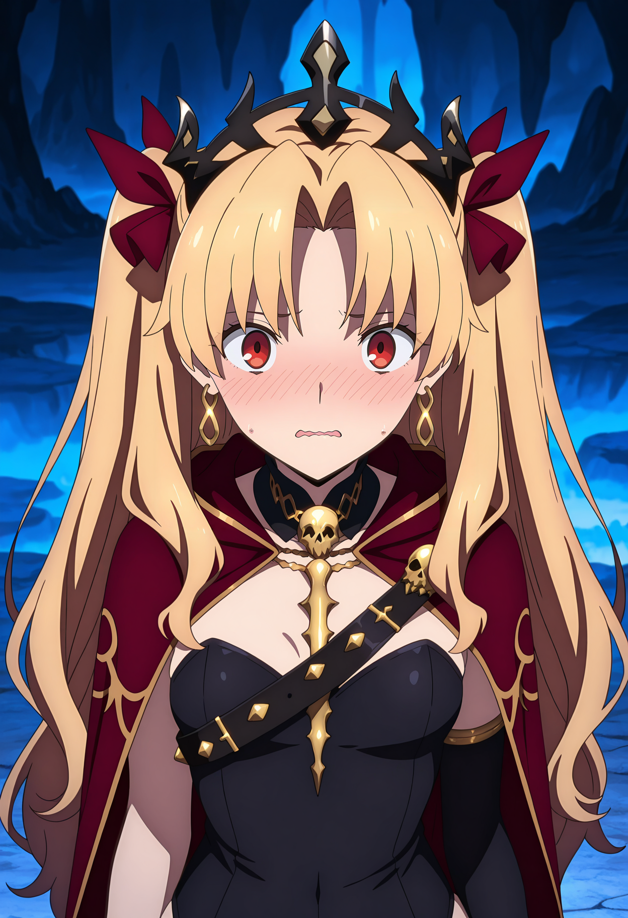 anime screencap, masterpiece, best quality,
<lora:FateGrandOrderBabylonia_Ereshkigal_IlluXL:0.9>,
1girl, solo, parted lips, embarassed, nose blush, wavy mouth,
two side up, parted bangs, very long hair, blonde hair, red eyes, earrings, black tiara,
asymmetrical clothes, black leotard, red cape, skull, chest belt, single elbow glove, gold trim,
standing, looking at viewer, upper body,
blue theme, cave, fog, dark, stone