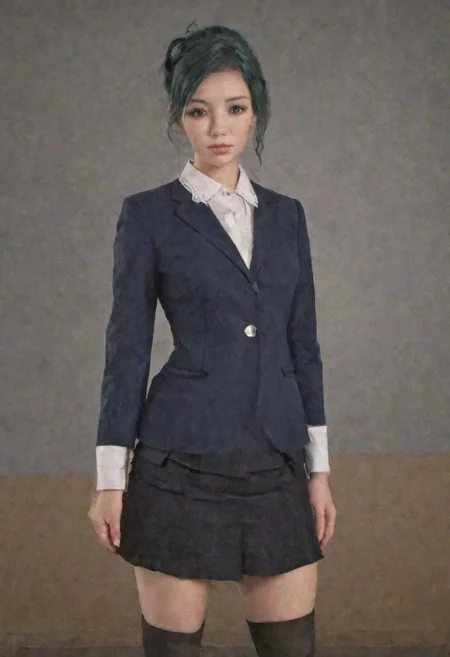 1girl, solo, (Masterpiece, hyperrealism) teacher, realistic skin, (looking at camera, classroom, formal attire, standing pose, wearing buttoned blouse:1.2, wearing dark blue blazer:1.2, wearing frilly skirt above the knee, wearing black stockings, young figure), fit body, ((curled hair, short hair, green hair)), highly detailed background, ultra high resolution, 4k uhd