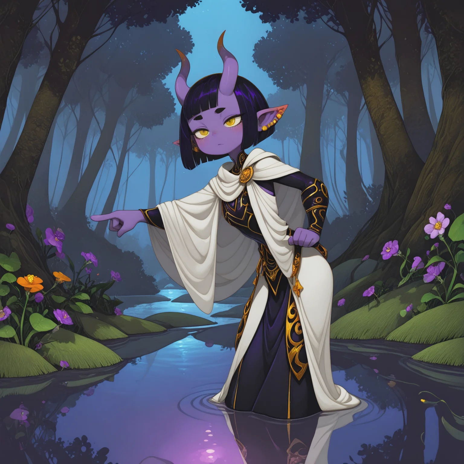 IllusP0s,masterpiece,best quality,very aesthetic,absurdres,orange and blue dots,colorful swirls,(vanillaware:1.2),
tiefling,solo,1girl,(purple skin:2),gorgeous woman,black hair,bobcut,horns,pointy ears,half closed yellow eyes,tired,yellow piercings,black armor with golden details,white cloak, side view, pointing to water, reflection, under a tree, bioluminescence, pond, forest, night,arabian influence,trinkets,
plants, grass, flowers, rivets, landscape,complex background,<lora:fr-pi-il:1.2>,fr-pi-il,