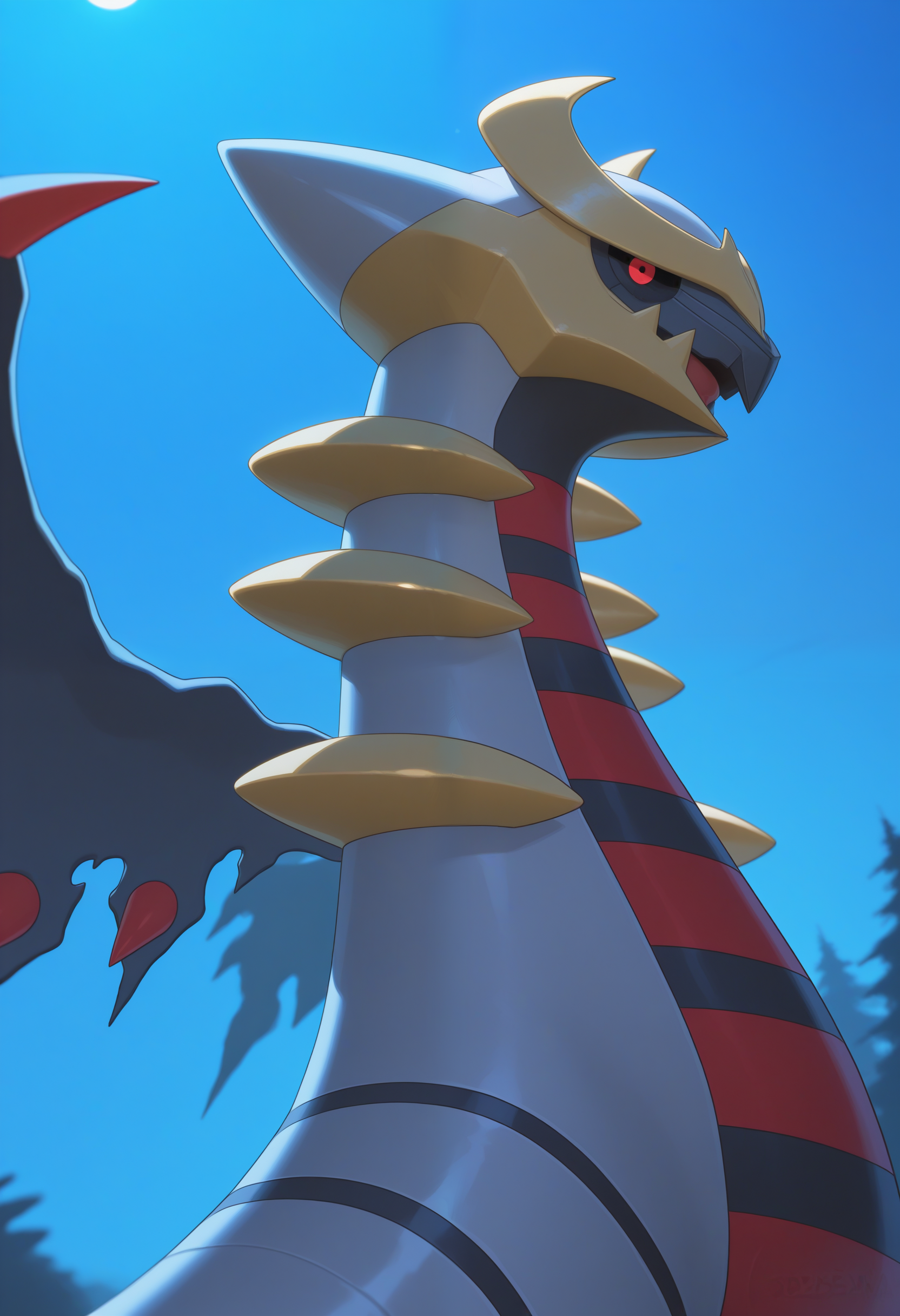 masterpiece,best quality, amazing quality, 1boy,solo, g1r4t1n4_a, pokemon (creature), black wings, colored sclera, red eyes, close up, side angle, outside, night,
