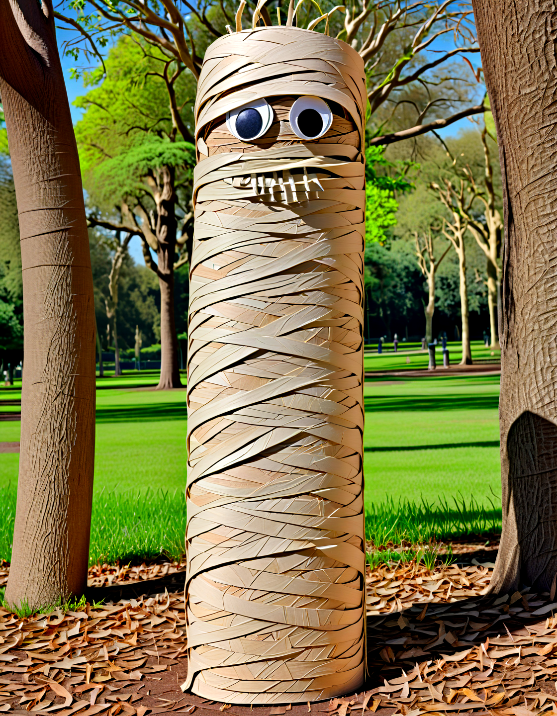 eddie in (tprc) style,made of empty toilette paper rolls, looking like a mummy,at a park, tree, hyper detailed, highly intricate,,,