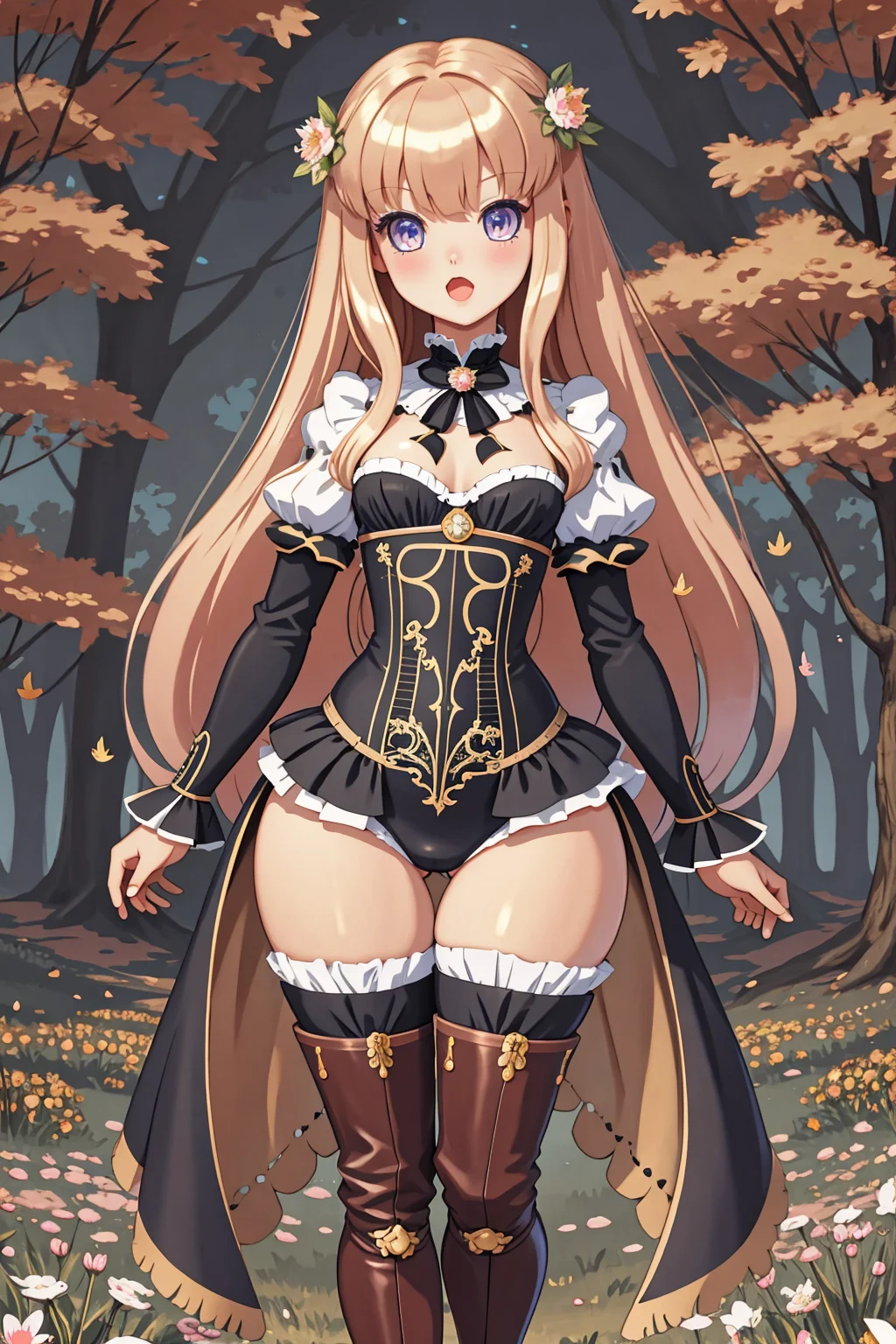 (masterpiece), (best_quality), (ultra-detailed), (illustration), (welcoming), bokeh,1girl, (spring scrapper zeus:1.3), (in an Victorian autumn meadow:1.3), (full body:1.4), neon peach hair with brown highlights, ahoge, bright indigo eyes, pose, [:colorful, skimpy costume design:0.2], zettai ryouikia,cameltoe, (small breasts:1.5), wide hips, tall, thicc slim hourglass figure,, (thighhigh boots:1.2), albino, official art, vivid color, finely detailed, hyper detailed, 8k, high resolution illustration, absurdres, intricate detail, (happy, (smile:0.4), open mouth:0.8)<lora:GoodHands-beta2:1.6><lora:EnvyCuteMix02:1>