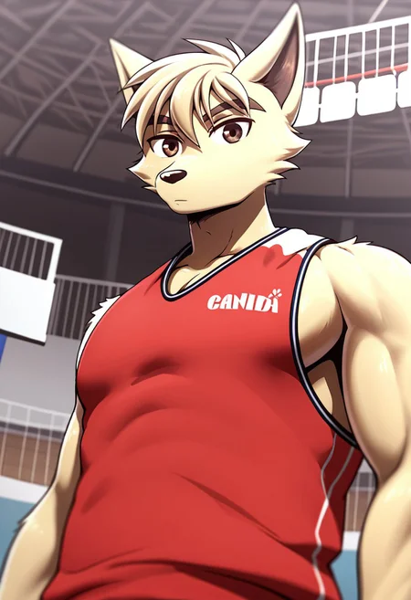 score_9, score_8_up, score_7_up, score_6_up, score_5_up, score_4_up, source_anime, source_furry, masterpiece, unparalleled masterpiece, depth of field, chromatic aberration, detailed fur, dutch angle, best quality, amazing quality, 4k, HD, <lora:DanielDxO_PXL-05:0.7>, daniel, dingo boy, dog tail, blond fur, blond hair, short hair, muscular, athletic build, pectorals, large pectorals,  solo, 1boy, furry male, brown eyes, detailed background, tank top, basketball court, basketball uniform, red sportswear, male focus, close-up, looking at viewer, pose, posing, low angle, nipple slip