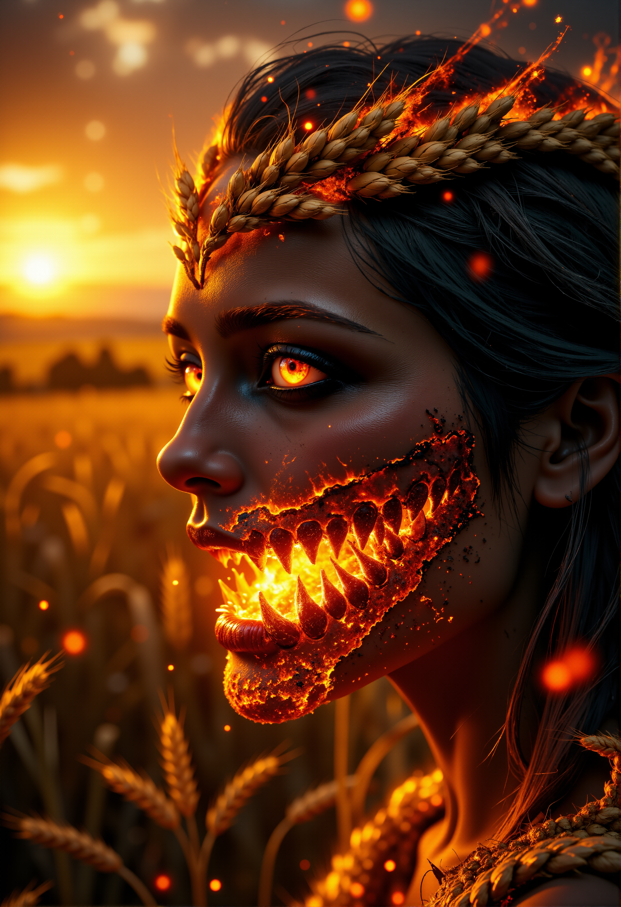 Horror-themed, Close-up. A field of wheat. The sun in the horizon. Texture of a face made of wheat. Lips of wheat. Wreath of wheat. Terrible face, terrible open mouth. A pagan god. Black eyes, tired eyes, red whites of eyes. Cheeks and body in blood. Fear, terror, anger. Glints of dust in the slate's rays. Bokeh effects. Spikes of wheat on fire.
<lora:FluxMythP0rtr4itStyle:1> mythp0rt
 <lora:DarksunRiddV4:1>
 <lora:FL-bailing-24-0906Fire Spirit:0.8> fire