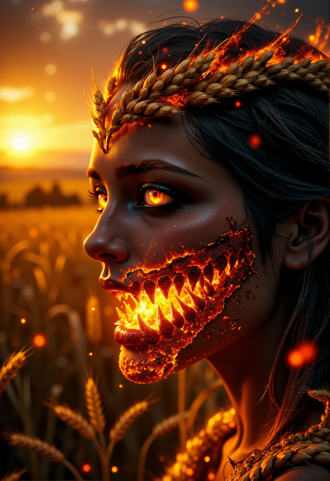Horror-themed, Close-up. A field of wheat. The sun in the horizon. Texture of a face made of wheat. Lips of wheat. Wreath of wheat. Terrible face, terrible open mouth. A pagan god. Black eyes, tired eyes, red whites of eyes. Cheeks and body in blood. Fear, terror, anger. Glints of dust in the slate's rays. Bokeh effects. Spikes of wheat on fire.
<lora:FluxMythP0rtr4itStyle:1> mythp0rt
 <lora:DarksunRiddV4:1>
 <lora:FL-bailing-24-0906Fire Spirit:0.8> fire