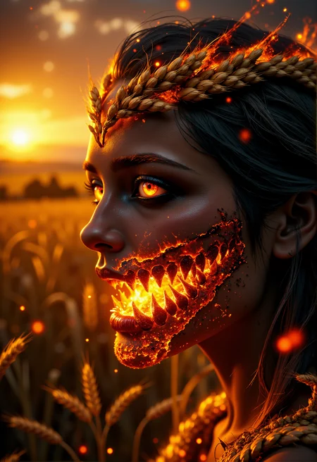 Horror-themed, Close-up. A field of wheat. The sun in the horizon. Texture of a face made of wheat. Lips of wheat. Wreath of wheat. Terrible face, terrible open mouth. A pagan god. Black eyes, tired eyes, red whites of eyes. Cheeks and body in blood. Fear, terror, anger. Glints of dust in the slate's rays. Bokeh effects. Spikes of wheat on fire.
<lora:FluxMythP0rtr4itStyle:1> mythp0rt
 <lora:DarksunRiddV4:1>
 <lora:FL-bailing-24-0906Fire Spirit:0.8> fire
