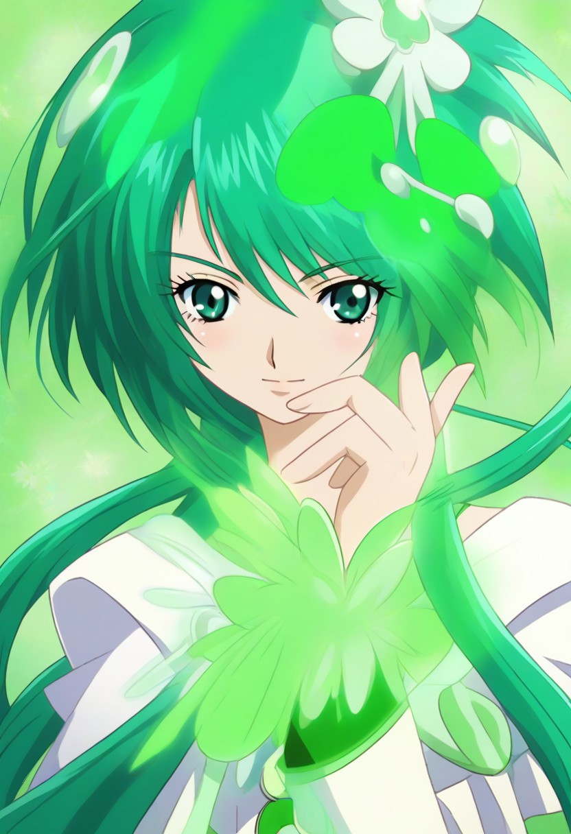 detailed background, green hair,, shiny skin,green eyes,<lora:curemint.:1>, curemint, solo,