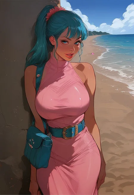 core_9, score_8_up, score_7_up, score_6_up, masterpiece, high detail, sharp, detailed, closeup, vivid colours, sharp, best quality, beautiful face, Serious face, Expressiveh, perfect body, detailed face, western cartoon, Bulma, dbz, blue eyes, smile,ponytail, blue hair, pink dress, leather belt, blue pouch on belt,blue sneakers, Pink tighhighs, standing, cowboy shot, large breasts, parted lips, beach, ocean, blue sky, cloud, swet, skin dentation,