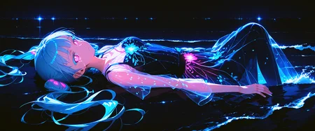 score 9, dark theme, black background, bioluminescence, phytoplankton, ocean, waves, scenery, 1girl, partially submerged, bottomless, pink eyes, cyan glow, glowing, glowing eyes, see-through shirt, crying with eyes open, looking at viewer, expressionless, colored eyelashes, jirai kei, twintails, on back, from side, fingernails, detailed Illustration, official artwork, wallpaper, official art, night, dappled moonlight,
<lora:bioluminescence_monmusu_v15:0.4>
<lora:bioluminescent_dress-PD-1.0-full:0.4> bioluminescent dress,
<lora:detailed_backgrounds_v2:0.4>
<lora:IOS_Iridescent_opal_style:0.4>
<lora:absurdres_quality:0.4> masterpeice, best quality, very aesthetic, absurdres