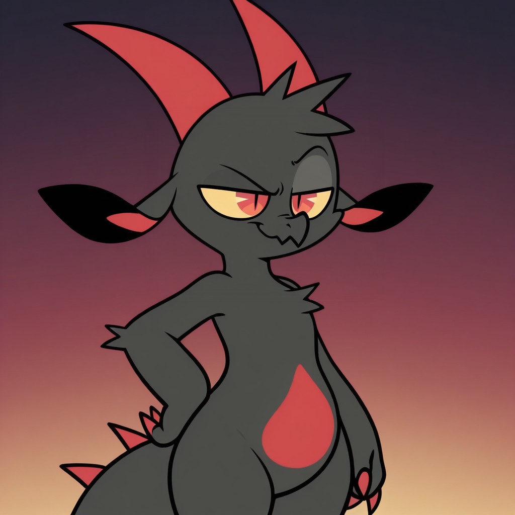 masterpiece, best quality, amazing quality, official style, fw3nchfwy, furry, anthro, solo, dragon, black fur, red fur, two-tone fur, red horns, short hair, yellow sclera, red eyes, slit pupils, floppy ears, red claws, spikes on back, tail, standing, smirk, raised eyebrow, one hand on hip, dark gradient background