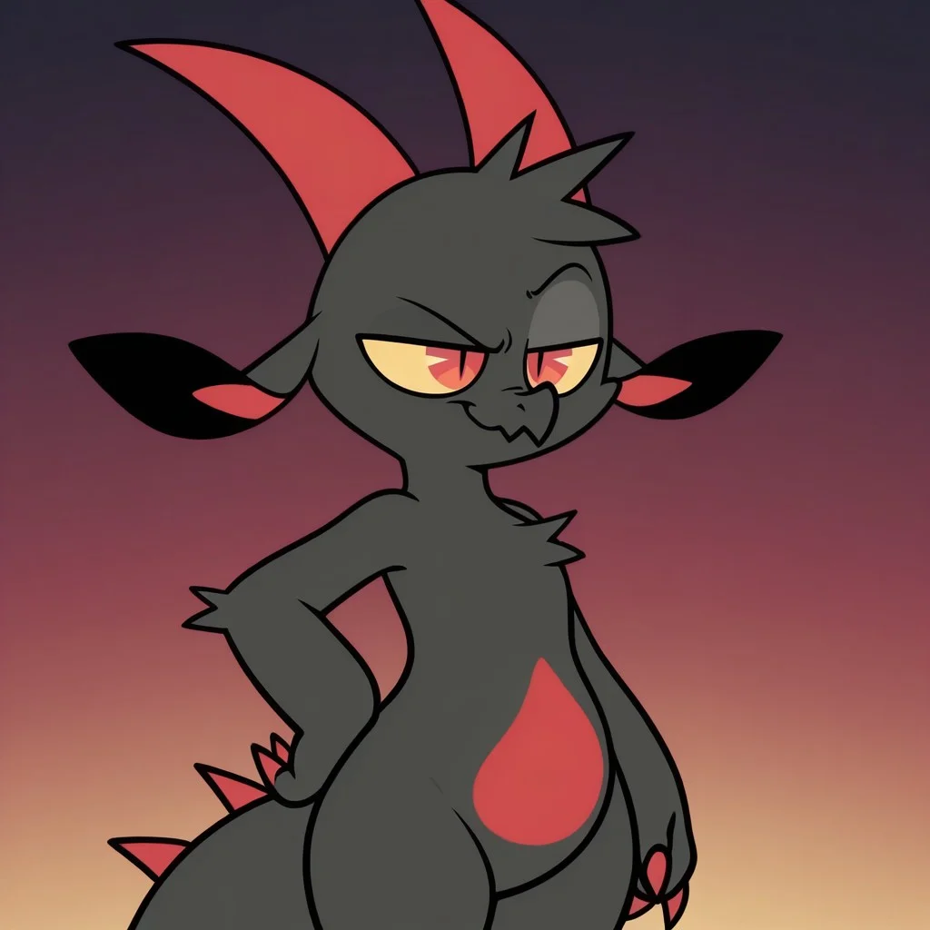 masterpiece, best quality, amazing quality, official style, fw3nchfwy, furry, anthro, solo, dragon, black fur, red fur, two-tone fur, red horns, short hair, yellow sclera, red eyes, slit pupils, floppy ears, red claws, spikes on back, tail, standing, smirk, raised eyebrow, one hand on hip, dark gradient background