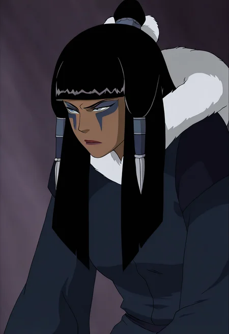 In the Avatar Animation style,  1girl, beautiful Eska, solo, long hair, bangs, black hair, dark skin, blunt bangs, dark-skinned female, coat, fur trim, hair tubes, hair ornament, makeup, facepaint
 <lora:Avatar-Anime-Style2:1>,