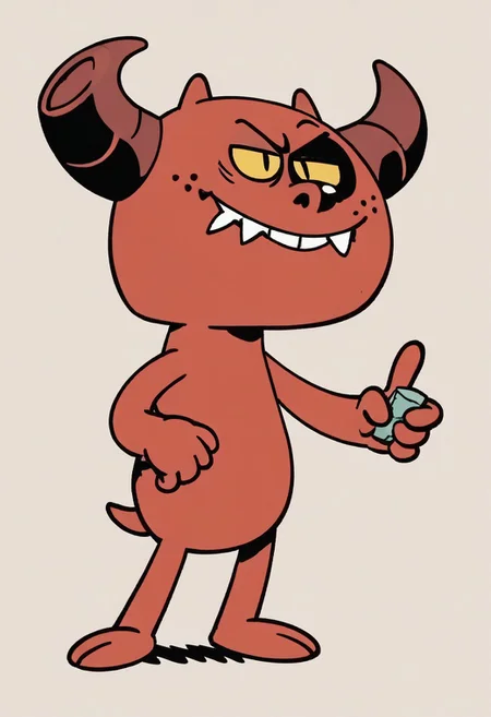 (score_9 | score_8_up | score_7_up) ((masterpiece:1))(best quality,very high quality,ultra detailed:1.2) (2D,cartoon style,anime style)(Smooth:2)(clean blurring) (four fingers on each hand,one thumb on each hand:1), charles, dog, black spot on left eye, impish, demon, red skin, small pointed nose, pointed tail, yellow eyes, slit pupils, two small horns, two large curved horns on sides of her head, pair of deformed fangs, smug, full body