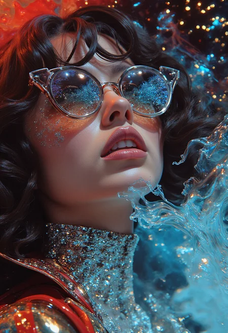 close-up, gloss, bright colors, stylish beautiful girl, mirrored glasses, lacquered, glamorous, underground poster, overlay effect, double exposure, down a huge wave towards the viewer, view from below, hyper-realism, dynamics, hyper-detailed, professional photoshoot