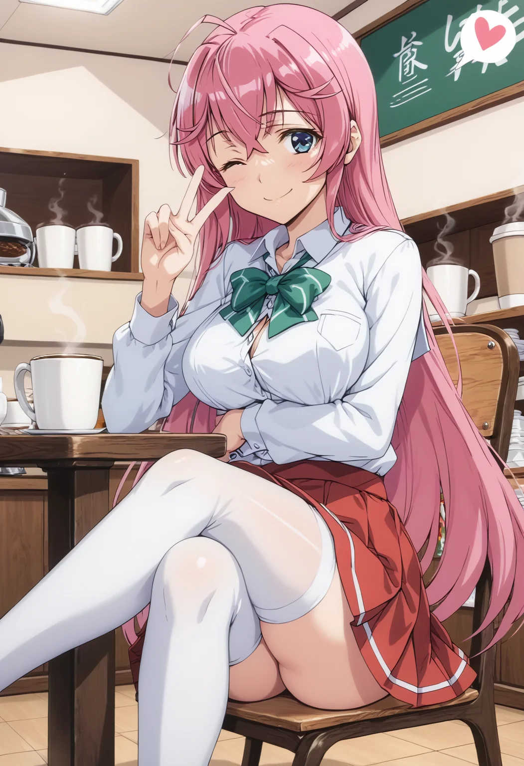 <lora:offset_0.2:0.6>, <lora:xl_more_art-full_v1:0.6>, <lora:add-detail-xl:0.7>,<lora:Smooth Anime 2 Style SDXL_LoRA_Pony Diffusion V6 XL:0.6>, <lora:sdxl_lightning_8step_lora:1>,<lora:sdxl-hairdetailer_02:0.6>
score_9, score_8_up, score_7_up, BREAK source_anime,best quality, masterpiece,anime screencap,source_anime,(ai-generated:0.8),
best quality, very aesthetic,absurdres,
otmn,<lora:Pony_otmn_v1_XL-000015:0.85>
1girl,solo,
pink hair,
large breasts,
smile,happy,v,one eye closed,
wearing red lined school uniform and red colored pleated skirt and green bow and white thighhighs,
coffee mug, spoken heart,
sitting on chair,
in coffee shop,