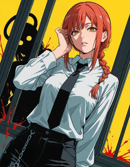 (flat_colors:1, anime_coloring, vector_trace:1), incredibly_absurdres, very_aesthetic, dutch_angle)
(MCHI-Illu, silhouette_background, yandere_trance, chainsaw_man makima_(chainsaw_man) blood_on_face, 1girl black_necktie black_pants braid breasts chain collared_shirt hand_in_own_hair long_hair looking_at_viewer necktie office_lady pants parted_lips ringed_eyes shirt sidelocks single_braid solo white_shirt yellow_background yellow_eyes blood_splatter window_shadow)