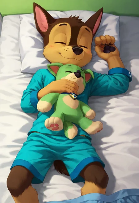 score_9, score_8_up, score_7_up, chase, german shepherd, paw patrol, pup, young, small body, brown eyes, solo, anthromorphic body, smiling, in bedroom, laying on bed, sleeping, pajamas, adorable boy, puppy, cute, sleeping with plushie, innocent, too cute