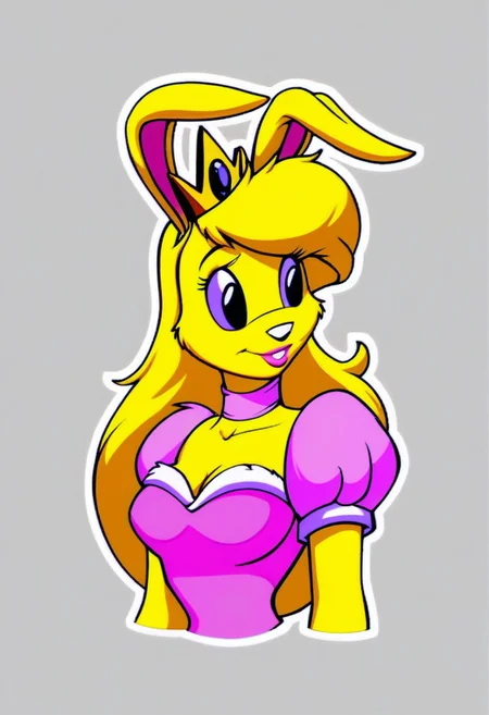 score_9, score_8_up, score_7_up, score_6_up, score_5_up, score_4_up, retro artstyle, BREAK
LoriJackRabbitPXL, rabbit girl, long blonde hair, yellow fur,1girl, breasts, solo, pink dress, dress, traditional media, cleavage, crown,black eyes, furry, yellow skin, large breasts, puffy sleeves, puffy short sleeves, short sleeves, furry female, makeup, choker,yellow hair, lipstick, marker \(medium\), upper body
<lora:lorijackrabbit-v1:0.9>