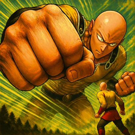 masterpiece, best quality, newest, absurdres, highres, OPMSP-V1.1, punching, incoming punch, incoming attack, clenched hand, 2boys, saitama_(one-punch_man), bald, battle, size difference, giant,