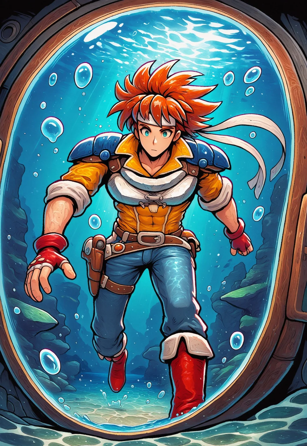 masterpiece, best quality, amazing quality, very aesthetic, absurdres, newest, FMIXF, vibrant details, 1boy, arthuffl3, toned male, brown-orange hair, long white headband, blue shoulder pads, white breastplate, yellow shirt, sleeves rolled up, blue jeans, belt with holster, red fingerless gloves, red boots, underwater, sea floor, bioluminescence, (inside bubble, large bubble, water bubble:1.6)