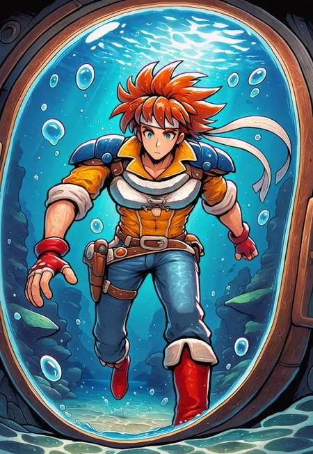 masterpiece, best quality, amazing quality, very aesthetic, absurdres, newest, FMIXF, vibrant details, 1boy, arthuffl3, toned male, brown-orange hair, long white headband, blue shoulder pads, white breastplate, yellow shirt, sleeves rolled up, blue jeans, belt with holster, red fingerless gloves, red boots, underwater, sea floor, bioluminescence, (inside bubble, large bubble, water bubble:1.6)