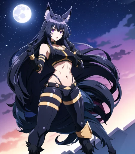 masterpiece, best quality, 1girl, <lora:deltaTheEminenceIn_deltaV1:0.7>, animal ears, black hair, very long hair, low-tied long hair, midriff, navel, bodysuit, purple eyes, detailed background, standing at rooftop, moon at sky, midnight