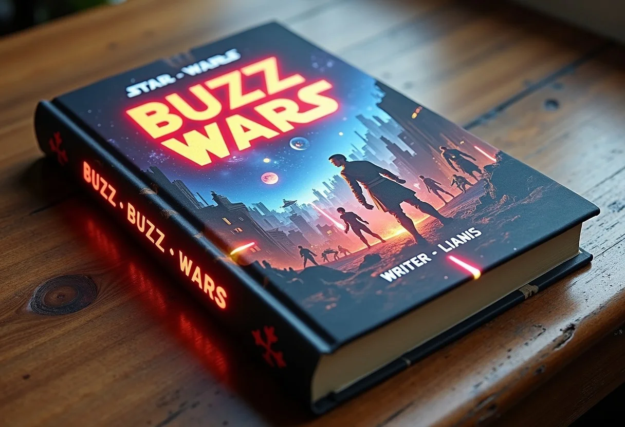 Design a book cover in the iconic style of Star Wars, perfect text, at the top, the titel: BUZZ WARS, in glowing, futuristic letters. At the bottom, the text: Writer - LIANIS, text: Publisher - CIVITAI, in small, bold letters, the book cover should feature a dynamic artwork of space battles, futuristic cities in ruins, characters wielding digital tools like lightsabers, while volumetric light create an epic atmosphere. Include starship designs with planets as part of the visual appeal. Use vibrant, high-contrast colors, dramatic lighting to evoke the feel of an epic sci-fi saga. The book itself lies on a wooden table, looks used and old.