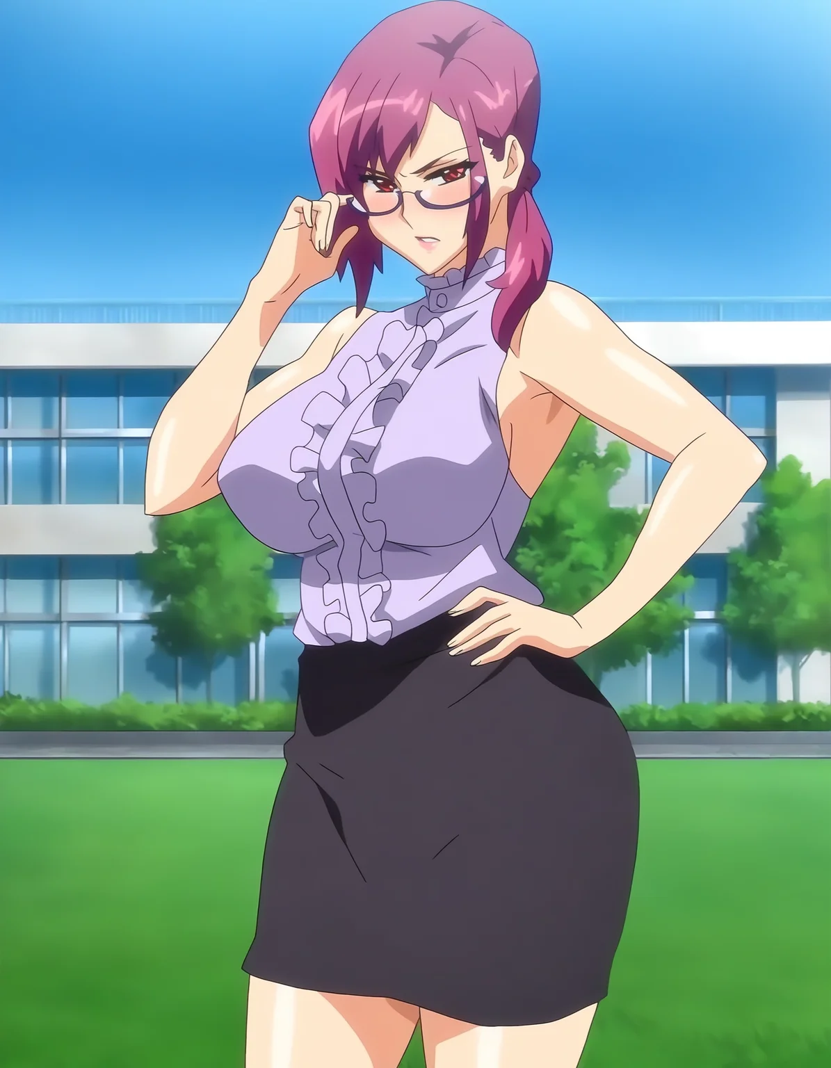 masterpiece, good quality, best quality, absurdres, highres, very awa, (anime screenshot:0.6), 
Yamazaki Suzuko, A girl is standing, hand on eyewear, cowboy shot, armpit, hand on own hip,
1girl, mature female,
looking at viewer, blush, parted lips, serious,
pink hair, red eyes, low ponytail, under-rim eyewear,
sleeveless blouse, center frills, pencil skirt,
large breasts, thighs,
outdoors, building, school, grass, garden, day
 <lora:yamazaki suzuko 3216 NoobAIXL V-pred:1>