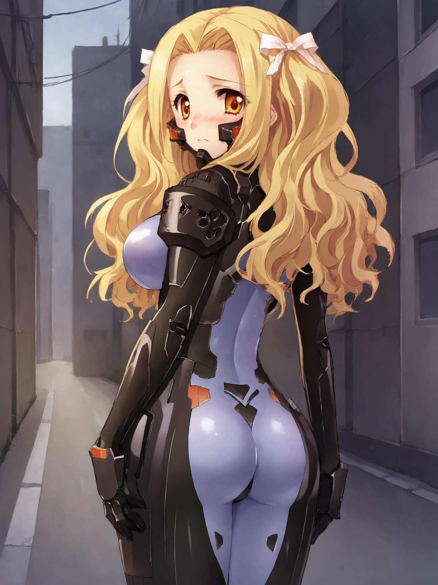 score_9, score_8_up, score_7_up, zPDXL, zPDXLpg, <lora:offset_0.2:0.1>, <lora:spo_sdxl_10ep_4k-data_lora_webui:1>,
1girl, solo,
schwarzesmarkenfortifiedsuit, pilot suit, impossible bodysuit, <lora:East_German_Fortified_Suit:1>,
inghild bronikowski, blonde hair, curtained hair, sidelocks, long hair, wavy hair, hair ribbon, white ribbon, brown eyes, large breasts,
from behind, ass, standing, looking back, looking at viewer, embarrassed, blush,
outdoors, city, street
