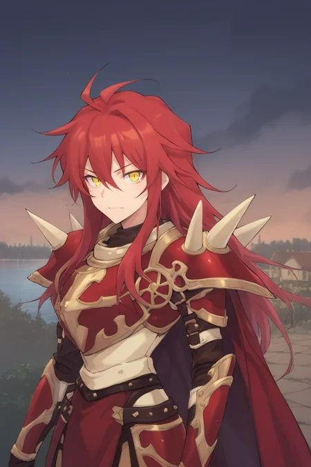 score_9, score_8_up, score_7_up, score_6_up, source_anime, BREAK, <lora:Gulcasa-000012:0.7> , guldef, (1boy), red hair, long hair, hair between eyes, yellow eyes, (armor), full armor, spikes, shoulder armor, shoulder spikes, cape, red cape, pauldrons, gauntlets, (cowboy shot), looking at viewer, smile, closed mouth,  <lora:ScenicHorizonsV2:0.9> , sc3nery, small european town, hills, clouds, night, high contrast, landscape, europe, outdoor, river, blue sky, <lora:OldAnimeStyle_PonyXL:0.6> , Vintage, 1990s \(style\),