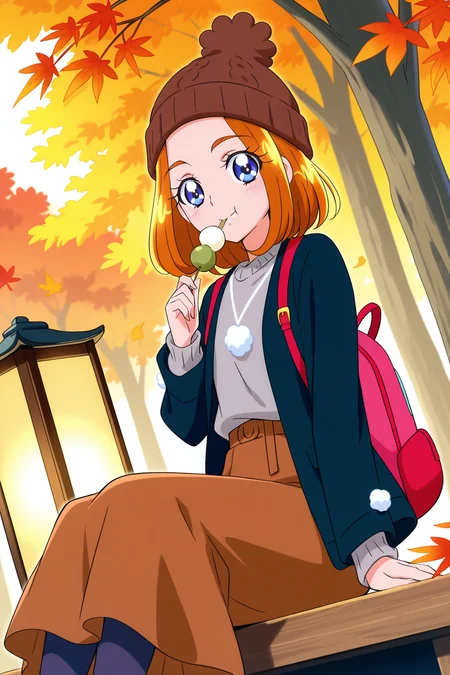 <lora:Mahoutsukai_Precure:1>, Mahoutsukai_Precure, 1girl, food, beanie, hat, dutch angle, solo, holding, sitting, skirt, pantyhose, bag, autumn leaves, holding food, outdoors, looking at viewer, autumn, pom pom \(clothes\), wagashi, jacket, brown skirt, sweater, long sleeves, backpack, brown headwear, eating, smile, dango, lantern, black jacket, feet out of frame, tree, long skirt, open clothes, grey sweater, leaf