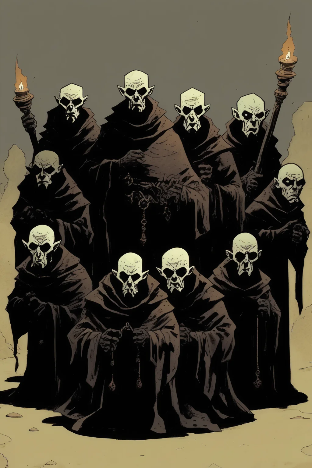 <lora:Mike Mignola Style:1>Mike Mignola Style - a mike mignola illustration of a group of friars that have become demonic lakeyes