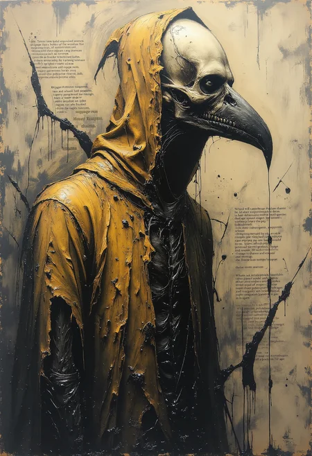 A haunting depiction of a bird-like figure with a skeletal face, wrapped in a tattered dark yellow cloak that blends into chaotic, textured brushstrokes. The stark white skull mask dominates its features, with a sharp bird-like beak extending unnaturally, giving the figure a surreal and unsettling presence. The muted background of grays and whites is faintly marked with fragmented text, scattered and indistinct, as though whispers of forgotten words have been etched into the scene. Paint drips and splatters enhance the figure's angled posture, creating a sense of raw movement and emotion. Thick impasto textures and dramatic lighting draw the viewer's eye to the figure's form, heightening the contrast between its ominous silhouette and the fragmented text behind. This gothic surrealist piece immerses the viewer in an enigmatic, melancholic atmosphere, where every detail hints at untold stories. <lora:paintart-style-006-v1-0-flux.safetensors:0.15>, <lora:- Flux1 De-Distilled - temp_haunting_cre_1.0.safetensors:0.75>, <lora:we-br-v2.safetensors:0.75>,