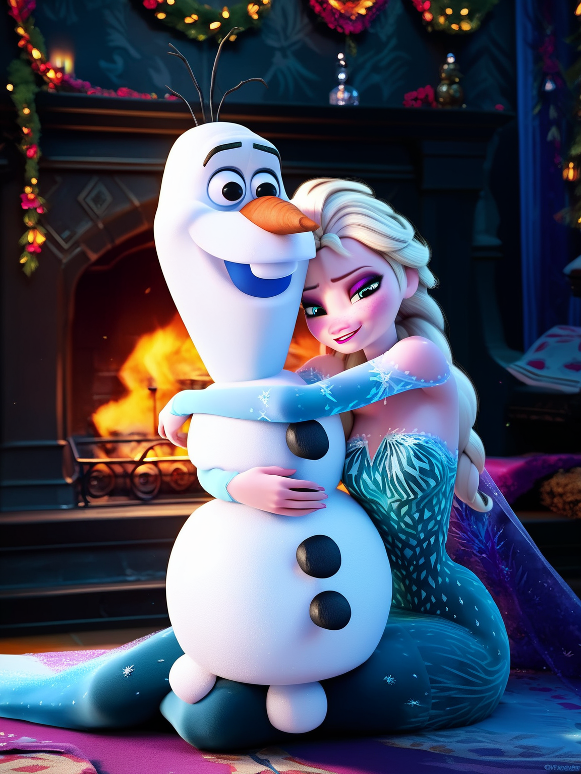 Elsa from Frozen movie hugging with (snowman Olaf:1.2) while sitting near fireplace, Elsa wearing blue long sleeved dress, score_9, score_8_up, score_7_up  zPDXL <lora:Olaf2:1>, score_9, score_8_up, score_7_up,  zPDXL