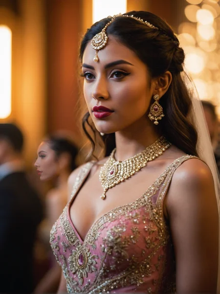 A dynamic cinematic photograph of Juliana_Conti_P_MXAI_SDXL , clever expression, wearing an ornate wedding dress, elegant makeup, pink lips, standing by the altar, ornately detailed glass mosaic in the background, ((full body shot)), PA7_Portrait-FL, SK_CINEMATIC, ziprealism