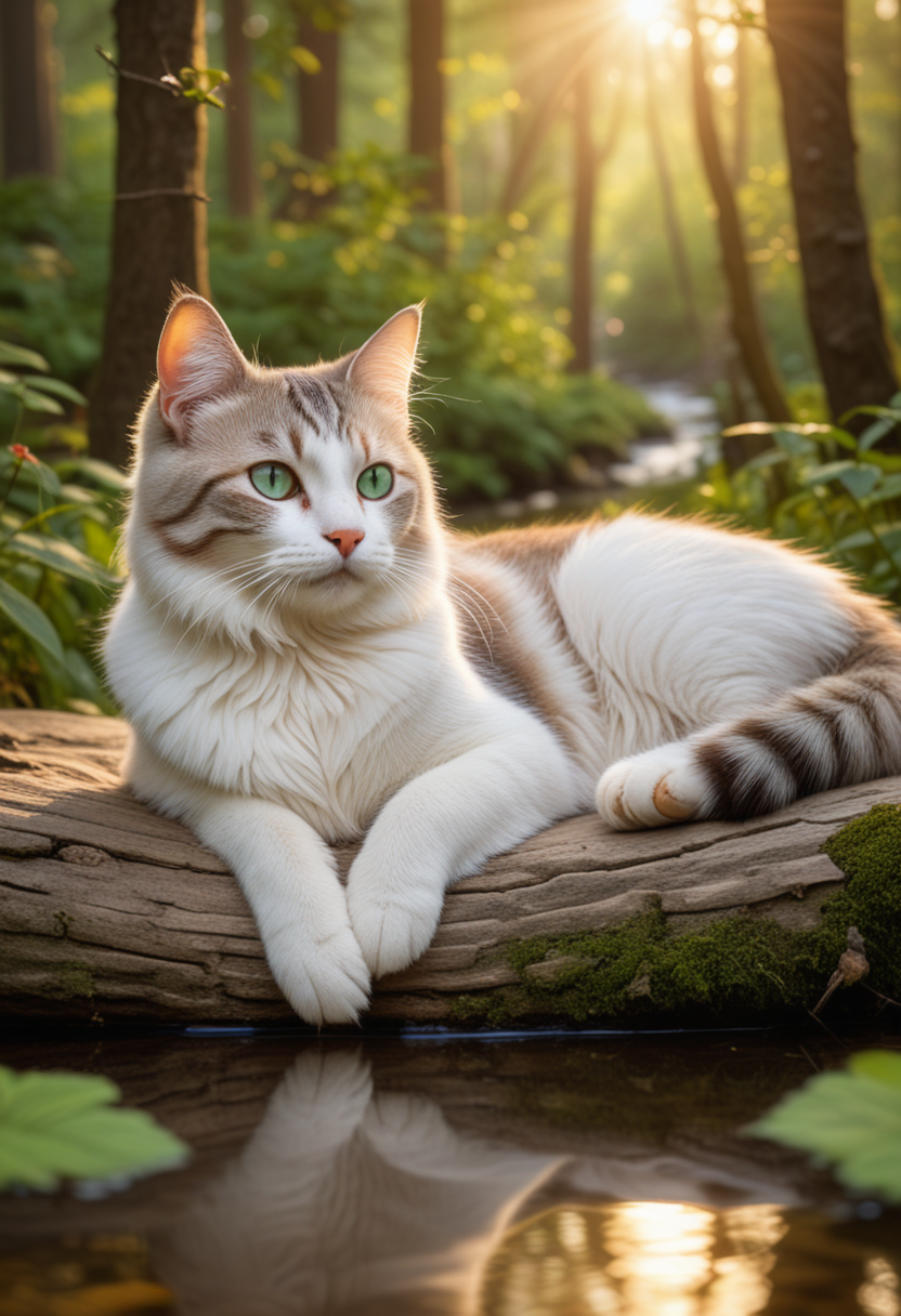 (medium full shot) of (graceful cat), tabby fur, shaded, heterochromia (one blue eye, one green eye), bow,  set in  a quiet forest with a babbling brook, chirping birds, and a peaceful ambiance, during sunset, while napping in a cozy bed, Masterpiece,best quality, photo, realistic, very aesthetic,