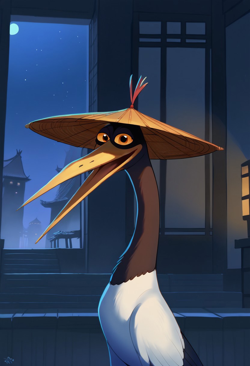 Expressiveh, perfect eyes, kfp2d, solo, 1boy, mastercr4ne, score_9, score_8_up, score_7_up, score_6_up, score_5_up, score_4_up, source_furry, hi res, sfw. 2D artwork.

1boy, crane, no humans, bird, solo, hat, animal focus, feral.

((portrait)), face focus, looking at viewer, open mouth, happy, from side, side view, standing.

on a temple, floor bed, indoors, night, chinese structure.