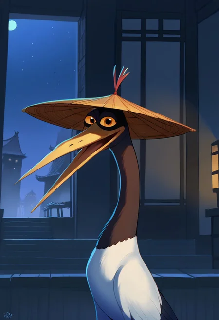 Expressiveh, perfect eyes, kfp2d, solo, 1boy, mastercr4ne, score_9, score_8_up, score_7_up, score_6_up, score_5_up, score_4_up, source_furry, hi res, sfw. 2D artwork.
1boy, crane, no humans, bird, solo, hat, animal focus, feral.
((portrait)), face focus, looking at viewer, open mouth, happy, from side, side view, standing.
on a temple, floor bed, indoors, night, chinese structure.