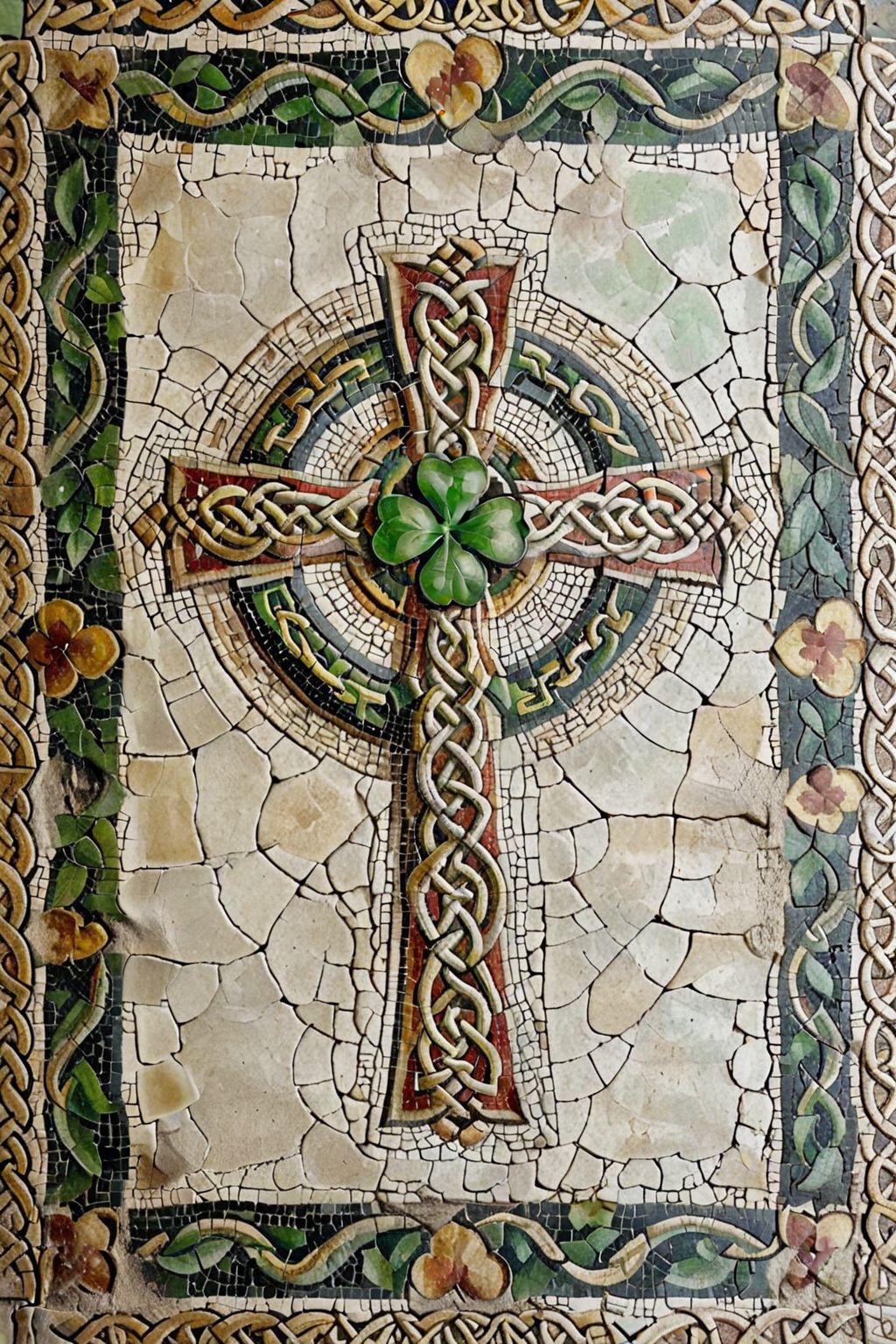 <lora:ParchartXL-2.0:0.5>,on parchment,roman mosaic of celtic cross,celtic knot,celtic,four-leaf clover,<lora:Roman_Mosaic:0.8>,, (masterpiece, best quality, high quality, highres, ultra-detailed),