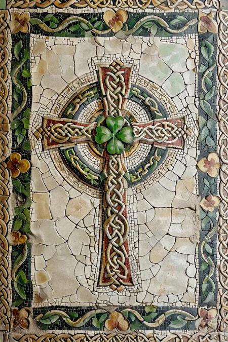 <lora:ParchartXL-2.0:0.5>,on parchment,roman mosaic of celtic cross,celtic knot,celtic,four-leaf clover,<lora:Roman_Mosaic:0.8>,, (masterpiece, best quality, high quality, highres, ultra-detailed),