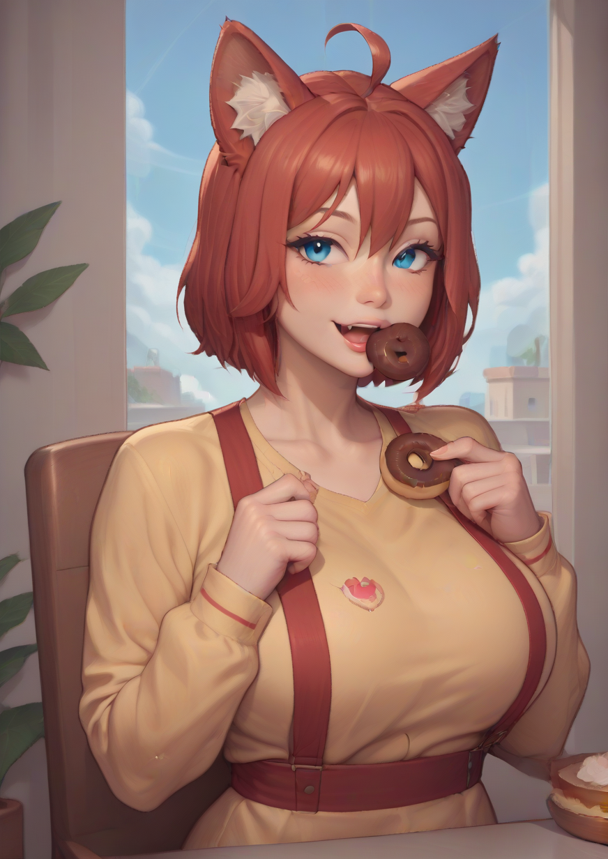 1girl, masaki gaillard, huge breast, , ahoge, animal ears, balcony, blue eyes, blue sky, blush, breasts, chocolate, collarbone, crown print, doughnut, eating, eyelashes, fang, fingernails, food, hair between eyes, hands up, happy, heart, heart print, holding, holding food, looking at food, looking to the side, medium hair, on chair, open mouth, plant, potted plant, red hair, shirt, sitting, sky, sleeves past wrists, smile, solo, striped sleeves, suspenders, table, wolf ears, wolf girl, yellow shirt, zPDXL3   <lora:gill_artworks:1>