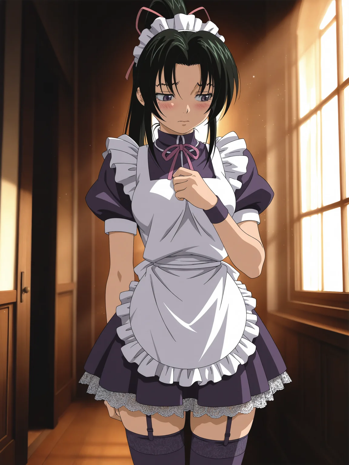 <lora:Shigure Kousaka:1>,shigure kousaka,maid,thighhighs,shy,lazypos,