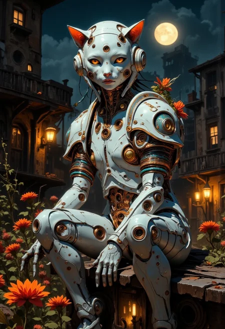 impressionist classical-style painting of a highly detailed, fantasy scene with a dramatic, robotic aesthetic. The central figure is an intricately detailed, hyper-realistic, portrait of a robotic cat girl, looking intently at the viewer, who is perched on her hind legs on a fence top late at night and bathed in moonlight. Her cat head and body are made of white plastic, shiny and smooth with multi-colored, exposed wiring going down her neck creating an organic mosaic pattern on her robotic skin. Her large cat eyes seem to hold ancient secrets. She is set against an eerie backdrop of an old warehouse. Her ornate, futuristic catsuit is adorned with delicate wiring and hand-crafted paper flowers, their petals unfolding like tiny, intricate sculptures torn and weathered by time. The overall impression is one of dramatic beauty, with an almost otherworldly quality. (((ultra-realistic style))), realistic soft lighting, dark, eye-catching, atmospheric lighting, natural, shallow depth of field, (highlights: 0.8), high detail (dynamic, cinematic shot, film grain, bokeh, depth of field,)
