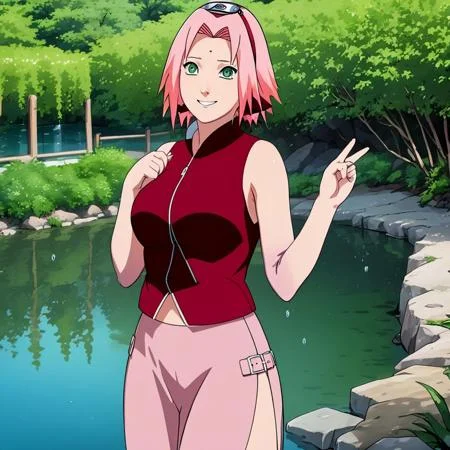 A hot and sexy full-body picture of Sakura Haruno standing by the pond and naughtily teasing the viewer by gesturing to come closer to her ; naughty teasing smile ; forehead mark and green eyes ; beautiful body and sexy breasts