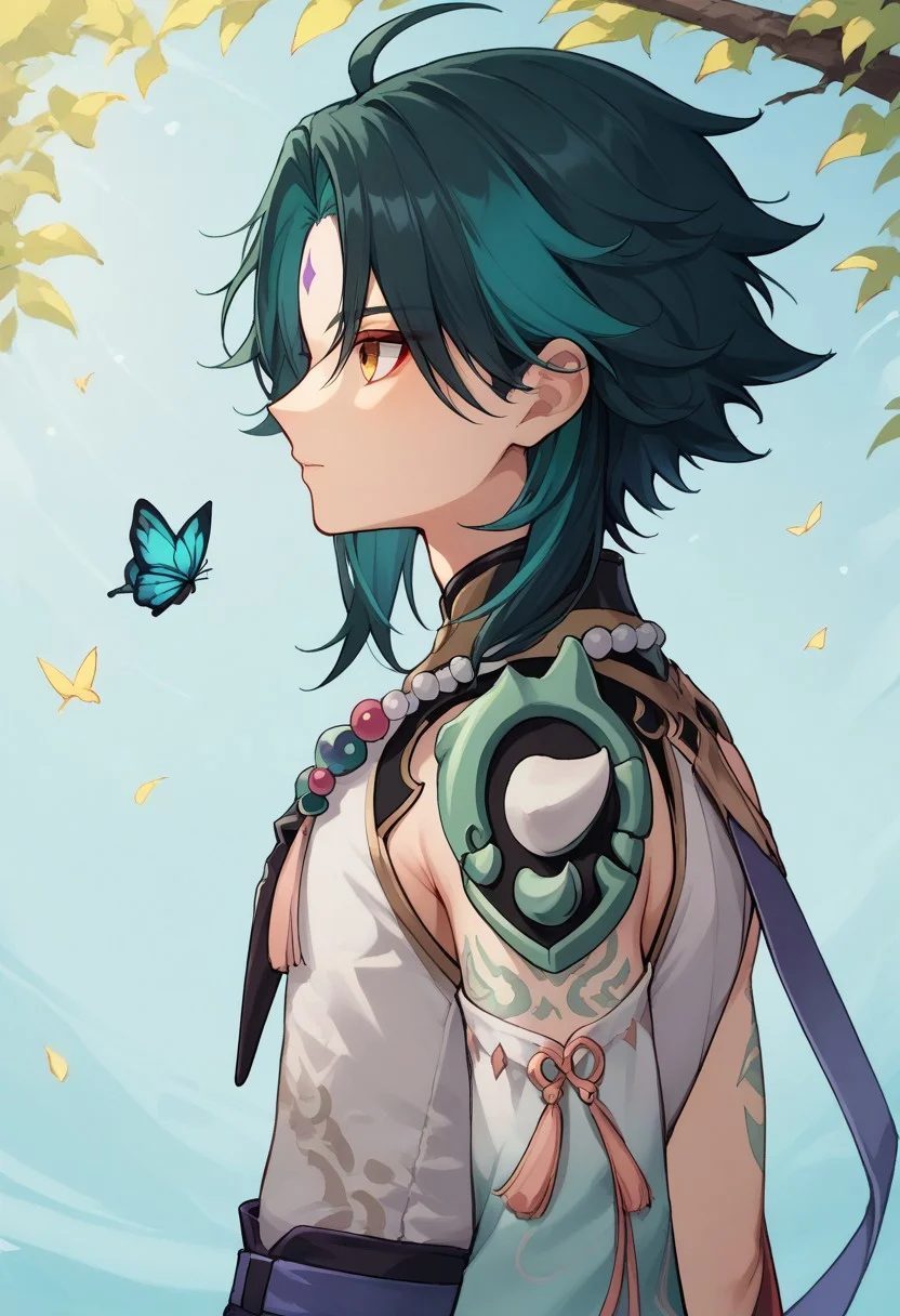 score_9, score_8_up, score_7_up, source_anime, highly detailed,
xiao, 1boy, male focus, solo, green hair, black hair, two-tone hair, ahoge, yellow eyes, facial mark, forehead mark, bangs, shirt, white shirt, sleeveless, single detached sleeve, shoulder armor, shoulder spiked, spiked, tattoo, arm tattoo, jewelry, beads, necklace, bead necklace, tassel, gloves, black gloves, upper body,
outdoor, profile, oriental, butterfly,
